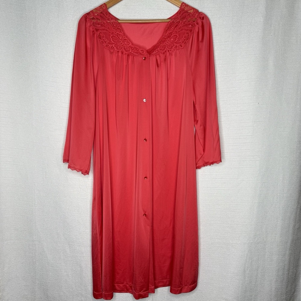 VTG Shadowline Coral Nylon Robe Womens M Button Front Lace 3/4 Sleeve Muumuu
